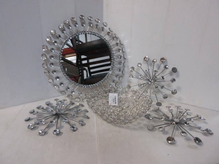 Crystal Art Decor, Includes: (3) Art Deco Hangings, Mirror Art Decoration, and a Bowl with Crystal Accents
