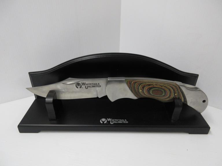 Whitetail Unlimited Knife with Multi-Colored Wood Grain Handle, and Black Wood Holder