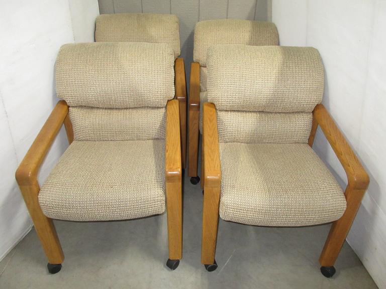 (4) Upholstered Dining Room Chairs with Casters, Have Oak Trim