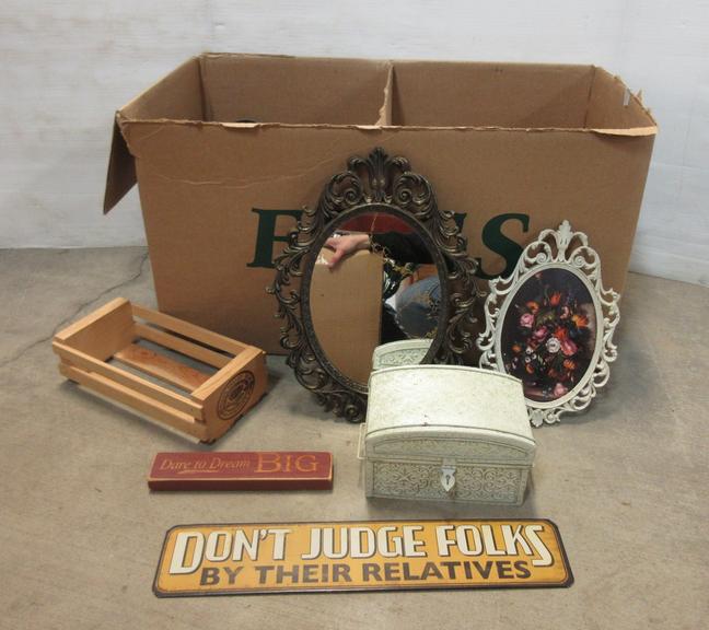 (2) Brass Wall Sconces, Small Crock, (2) Small Wood Shelves, Wood Knick Knack Box, Tin Sign, (2) Ivory Nesting Boxes, (2) Oval Wall Hangings: 1- Mirror, and a Small Wood Block with Saying
