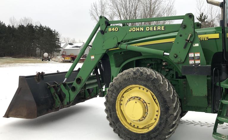 John Deere 840 Loader with 8000 Series Brackets, Big 8' Bucket with Cutting Edge, All Hoses, and Shop Built Grill Guard for 8020 Series, Works Great,  Tractor NOT Included, CN1027