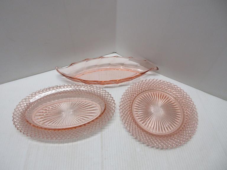 (3) Pink Depression Glass Pieces, Include: 2- Miss America Dishes, Diamond Cut Pattern: Salad Plate- 8 1/2", Oval Platter- 10 1/2" x 6 1/2"; Low Long Serving Dish with Scalloped Edges, 12 1/4"W x 4"D x 1 5/8"H