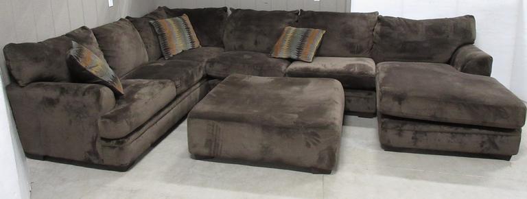 Large Brown Four-Piece Suede "A" Shaped Living Room Sectional Couch with Large Square Ottoman