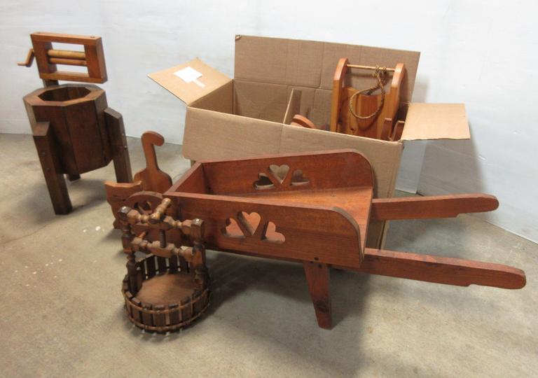 Wooden Wheelbarrow, Wishing Well, Rabbits, and Cats