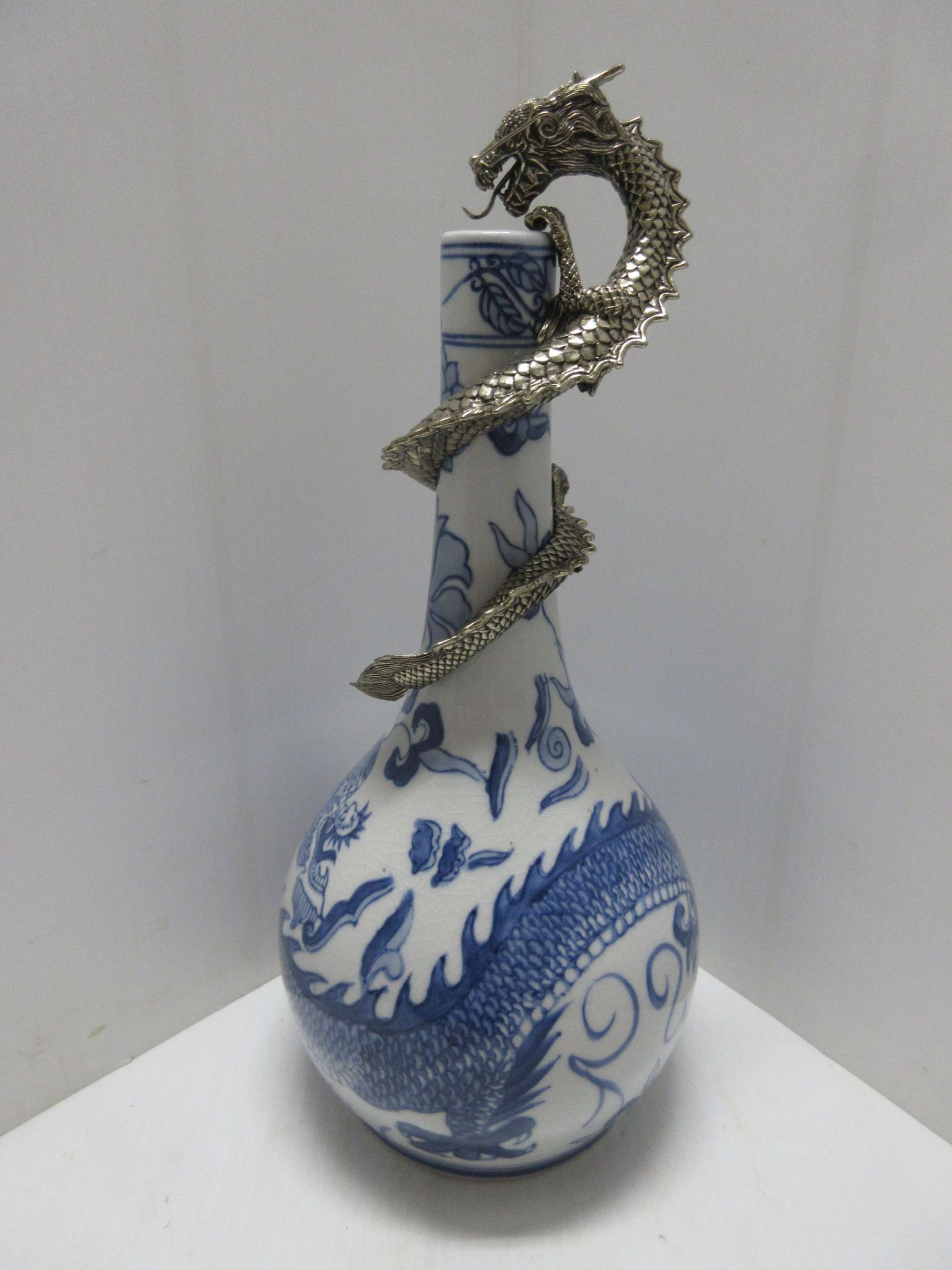 Albrecht Auctions Dragon Vase, Blue and White with Metal Dragon