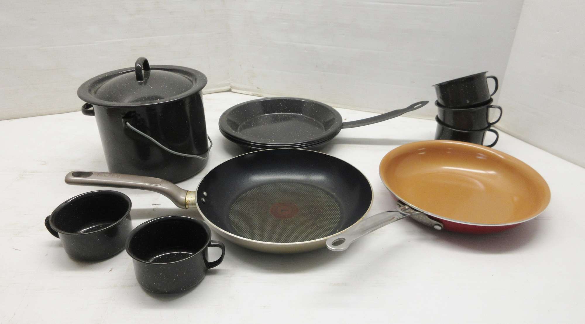 Albrecht Auctions Black Enamelware Camp Set, Includes (5) Cups, (4) Plates, and (2) Pans