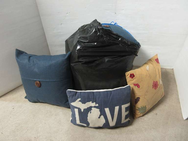 (6) Decorator Pillows, Include: Love Michigan, (2) Blue Square Pillows, (2) Neutral Color Pillows, and Beige Pillow