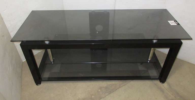 Black Frosted Dark Glass Three-Tier Flat Screen TV Stand, All Metal Based