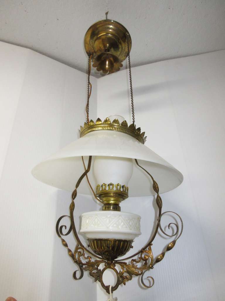 Antique Victorian Oil Hanging Light Fixture, Converted to Electric but Could be Put Back to Kerosene Oil by Changing Out the Burner