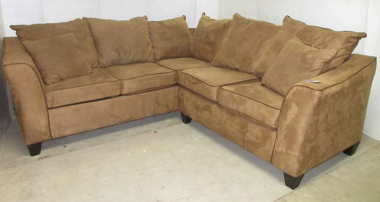 Brown/Tan L-Shaped Living Room Suede Two-Piece Sectional Sofa Couch Set with a Brown Piping Accent and (2) Matching Throw Pillows, Matches Lot No. 34