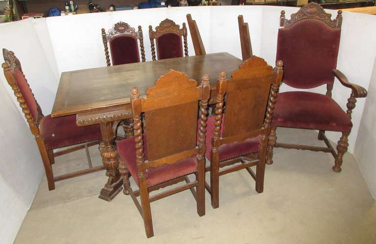 Old Wood Jacobean Room Table with Pull Out Leaves, and (6) Matching Chairs, Matches Lot No. 3