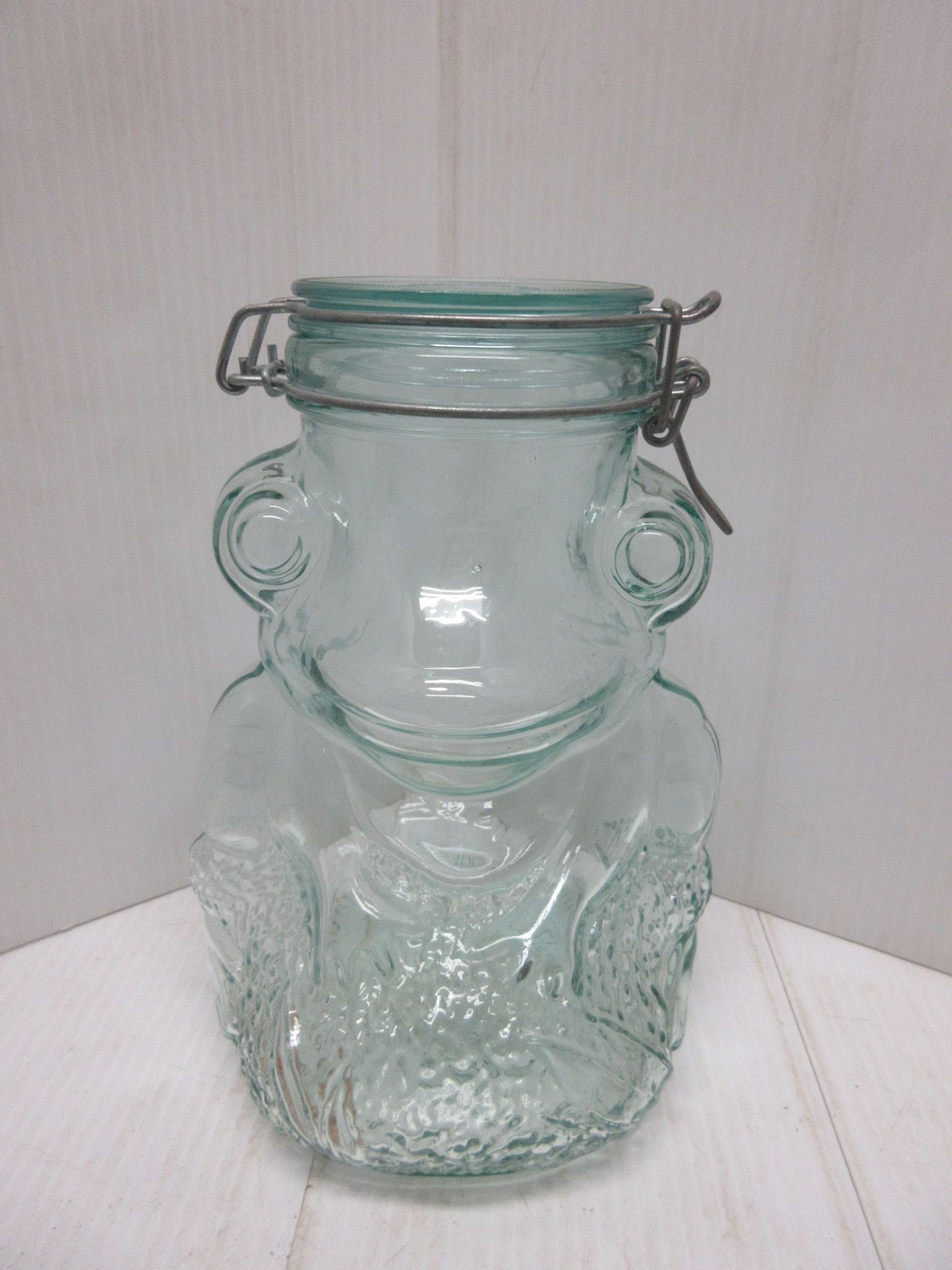 Albrecht Auctions Glass Frog Canister Jar with Hinged and Locking Top