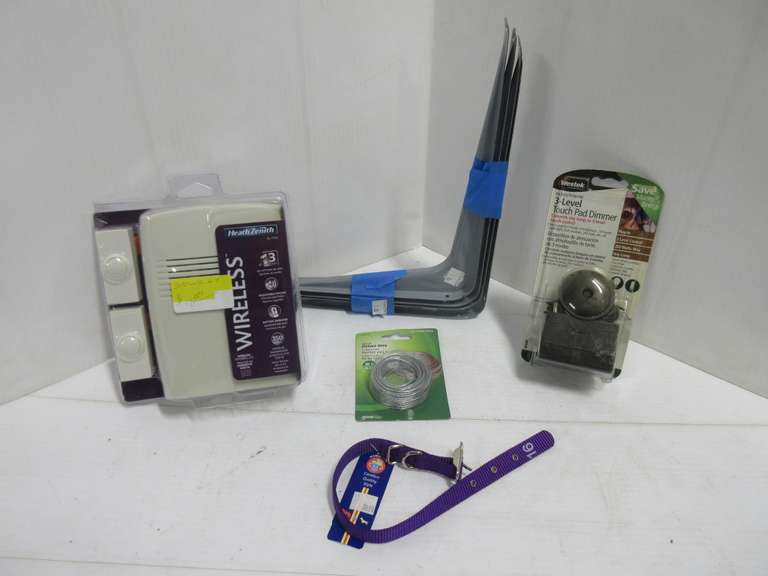 (4) Metal Shelf Brackets, Touch Pad Dimmer, 25' Roll of Picture Wire, Wireless Doorbell Kit, and Purple 5/8" Dog Collar