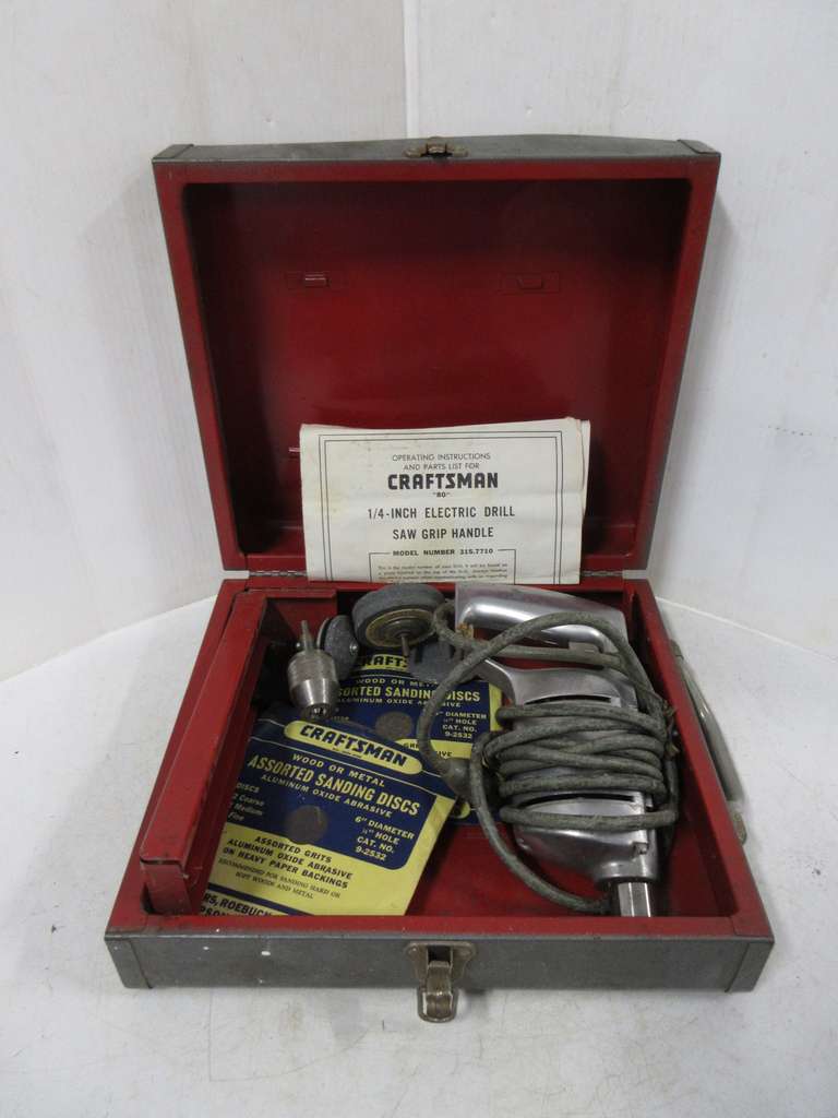 Very Old Craftsman 1/4" Electric Drill with Original Paperwork, Several Grinding Discs, and Sanding Pads