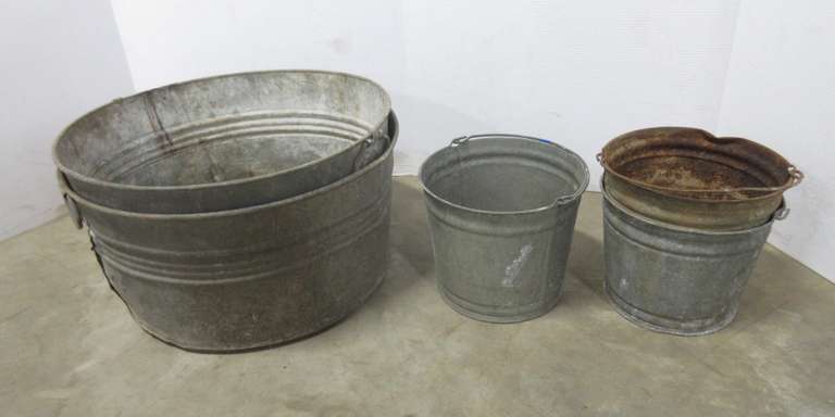 (2) Large Older Galvanized Buckets, and (3) Old Galvanized Pails with Handles