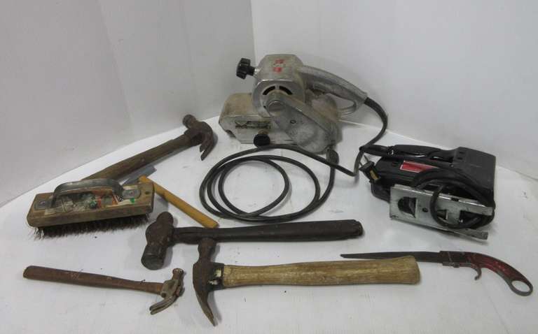 Millers Fall Belt Sander, Craftsman 5/8" Saber Saw, (5) Misc. Hammers, and Wire Brush