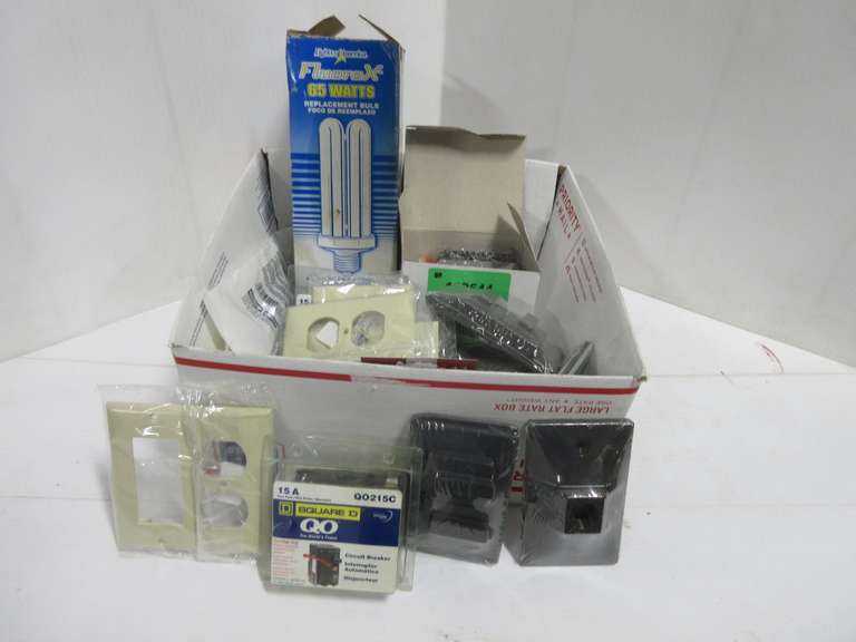 Various Electrical Items, Include: Outlet Covers, (2) Circuit Breakers, (2) Packs of No. 12 AWG 6" Wire With Ground Screws, Package of 5/8" Wire Nails, and 65W Replacement Bulb