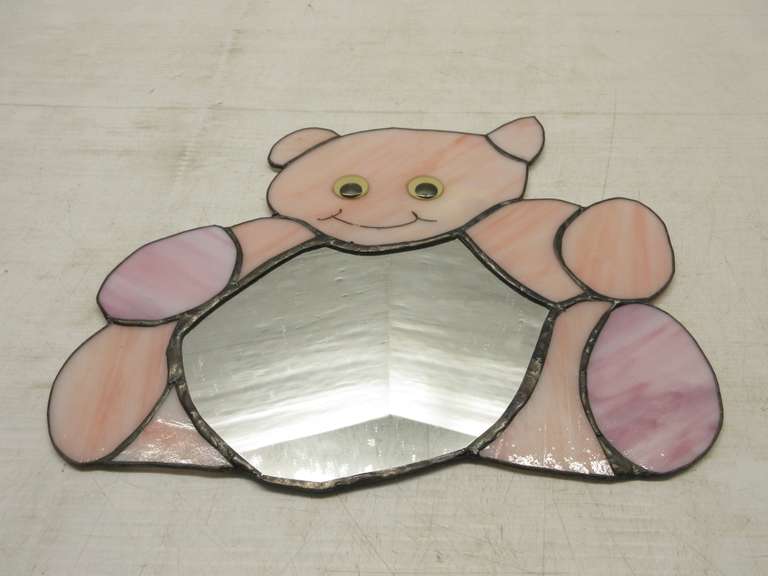 Teddy Bear Stained Glass Mirror, Pink Copper Foil Method, Handmade by Seller