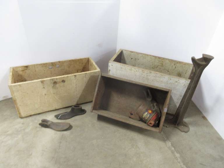 (3) Old Wood Boxes with (2) Wood Shoe Forms, (5) Metal Shoe Forms, Metal Stand and Accessories, Old Tractor Filter with Decals