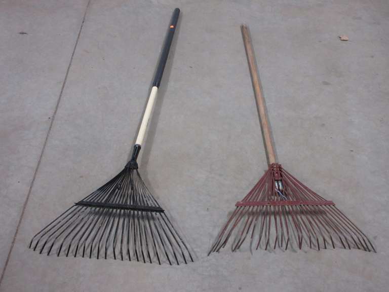 (2)-Lawn Rakes, Metal Spring Style, One With Rubber Handle