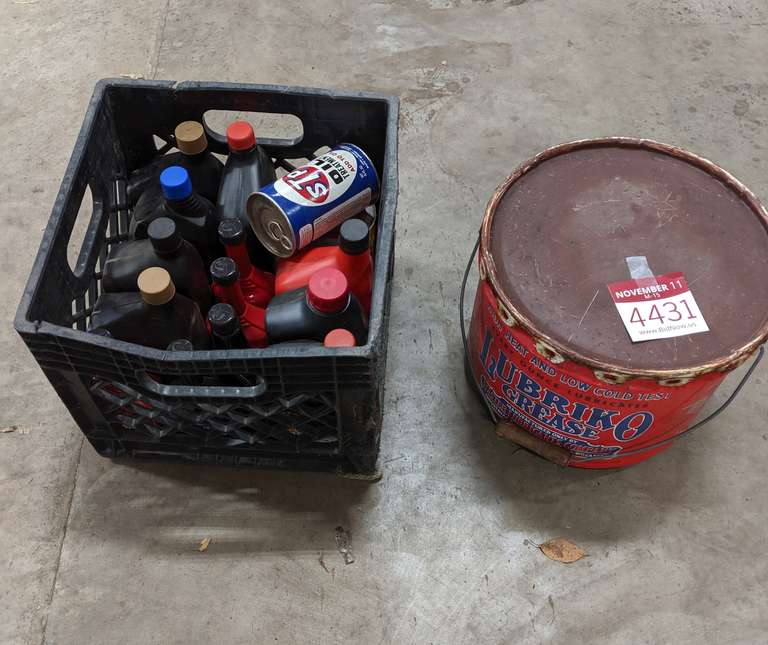 Half Can of Grease, Lubriko Brand; Crate of Partial and Full Bottles of Oils and Additivies