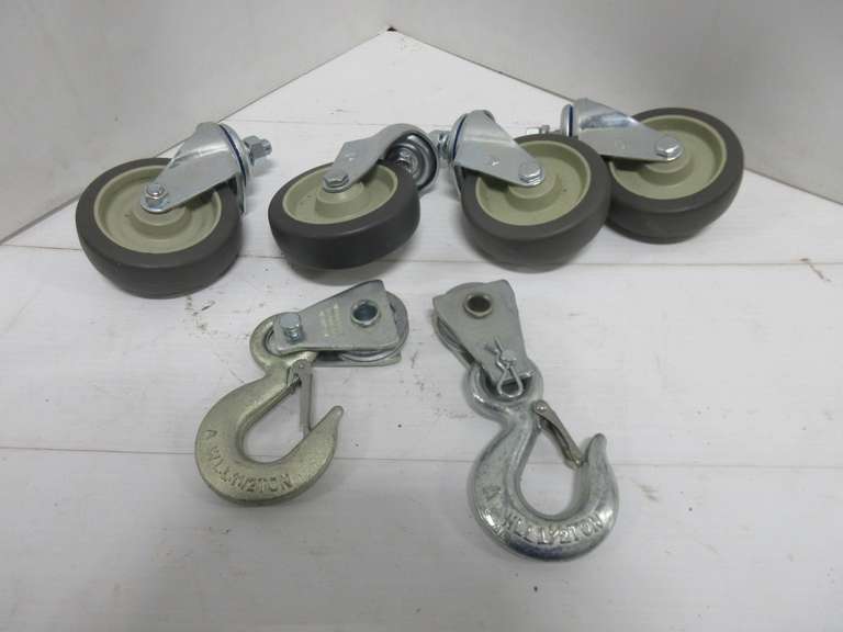 (4) Nylon Casters, 6"H, New; (2) Safety Hooks, 1 1/2-Ton Capacity, 7"H, New