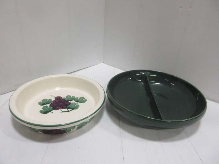 (2) Pieces of China, Include: 1- Green Iroquois Casual China by Russel Wright, Divided Bowl; 1- Grape and Leaf Design Pie Plate by Crock Shop Inc., Santa Ana, CA