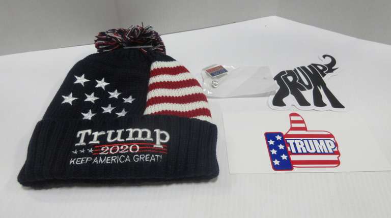 2020 Trump Keep America Great Red/White/Blue Beanie Hat; Thumbs Up Trump Sticker; GOP Elephant Sticker; 2020 Trump Lapel Pin