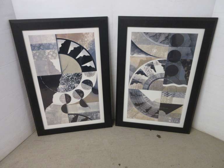 Set of (2) Black Framed Multi-Colored Abstract Wall Hanging Artwork Accent Pieces