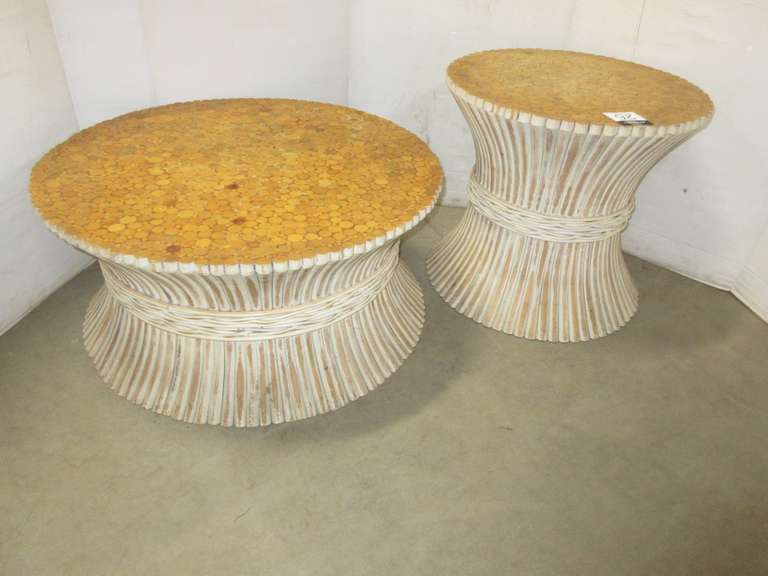 Set of (2) Mid-Century Modern McGuire Bamboo Wheat Sheaf Rattan Coffee/End Table Set