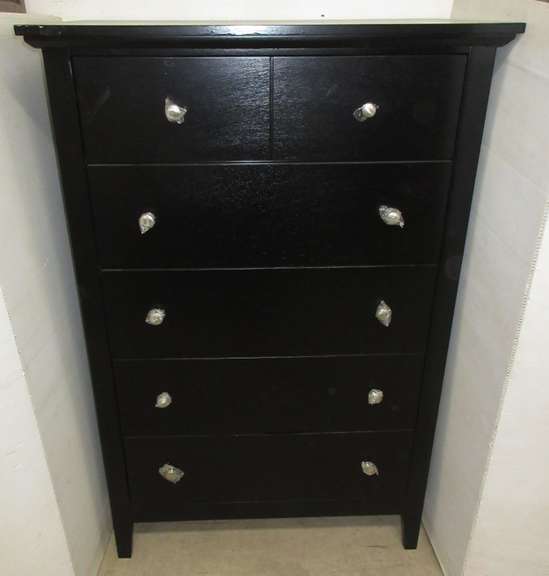 Black Tall Five-Drawer Walter of Wabash Bedroom Dresser, Plastic Protectors on Handles, Matches Lot No. 4