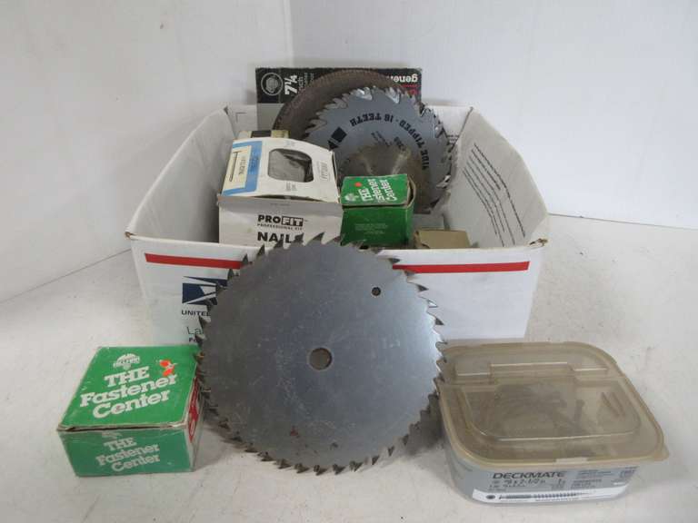 Misc. Box of Roofing Nails, Screws, and Fasteners, (8) Saw Blades, Carbide, and (2) Cut-Off Wheels