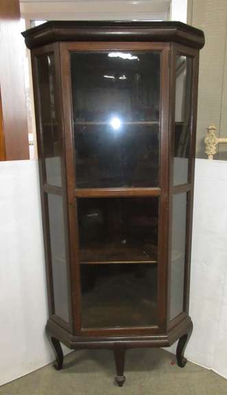 Antique Corner Curio Cabinet with Key, Has Three Rounded Sides and Three Shelves, Key in Office