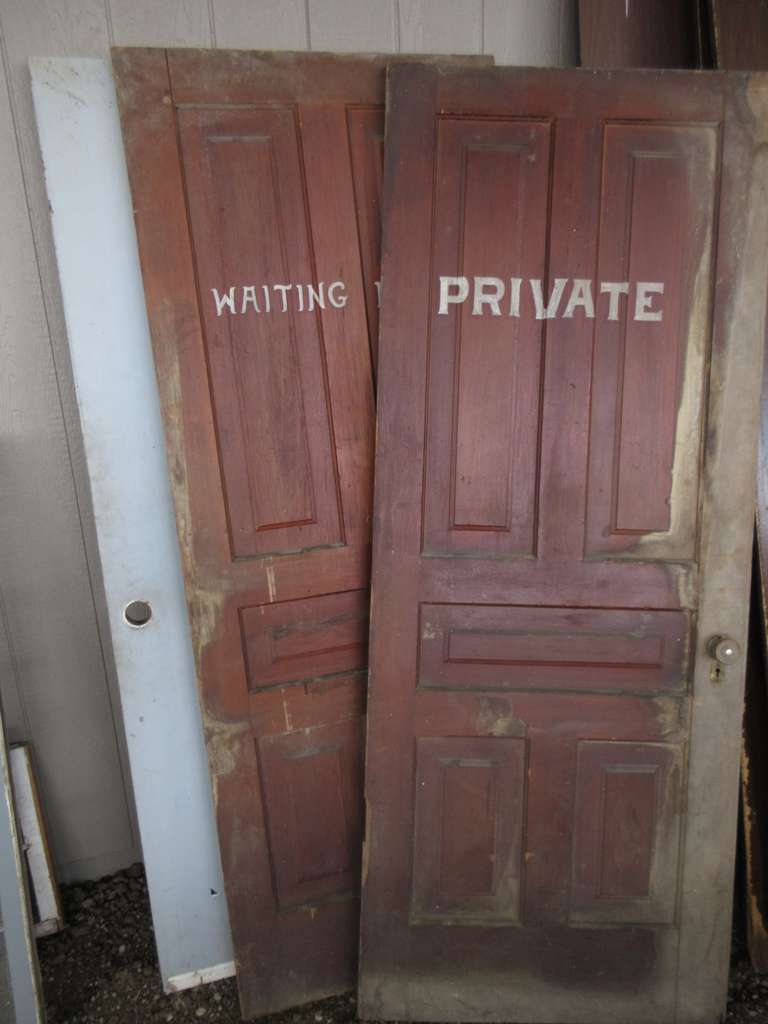 (3) Doors: 2- Five-Panel, One with "Waiting Room" Painted on it, Other has "Private"; 1- Hollow Core with Window Opening