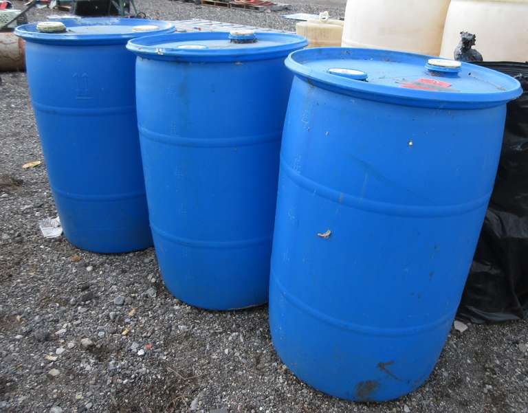 (3) Blue Barrels, 30-35 Gallon Barrels