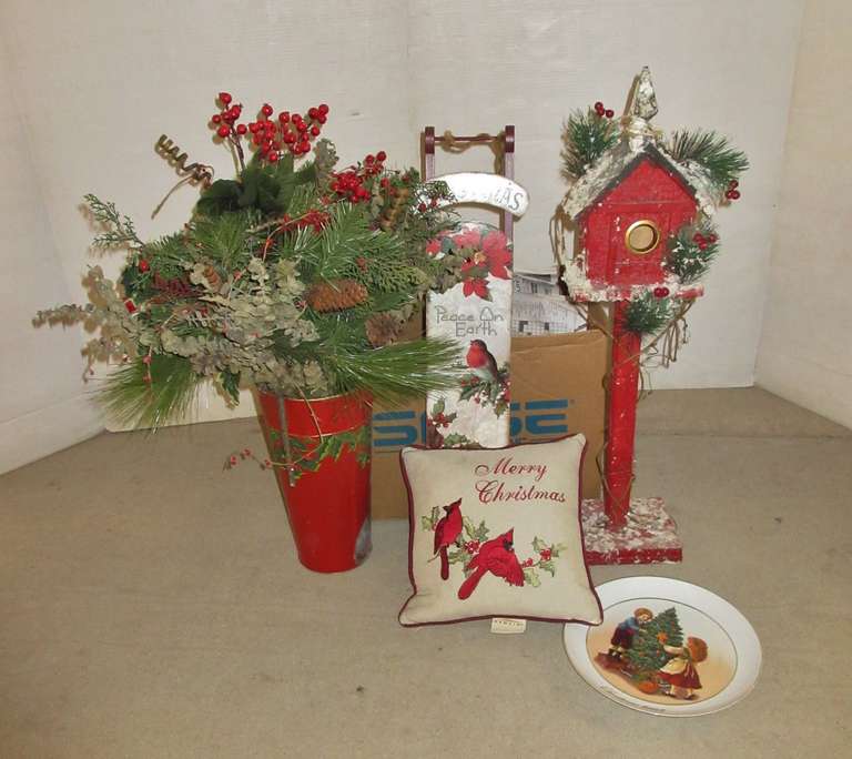 Older Country Farmhouse Christmas/Holiday Items, Include: 24" Wall Hanger Sled; Pillow with Cardinals; (3) Small 5" Ceramic Decorative Plates; Free Standing 27" Winter Decorative Bird House; Metal Umbrella Stand Type Metal Container with a Holiday Bouquet