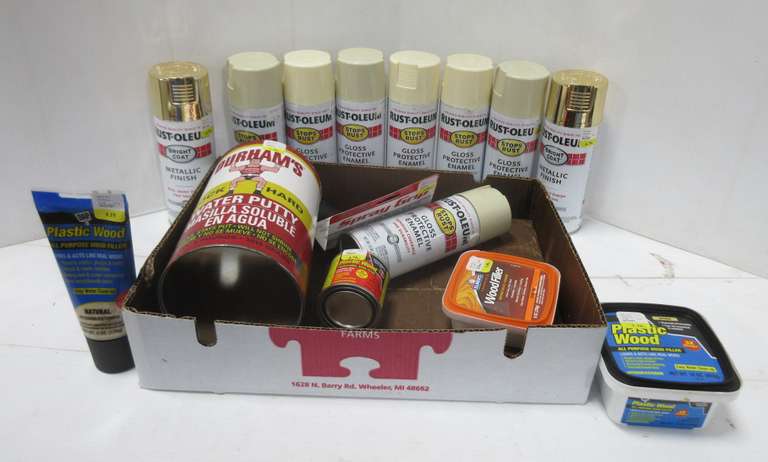 (9) Cans of Rust-Oleum Spray Paint, (4) Containers of Wood Filler, Spray Grip, and Durham's Rock Hard Water Putty