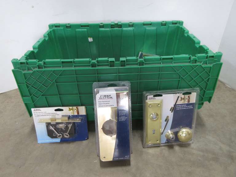 Various Door Hardware, Includes: (5) Mortise Lock Sets, (3) Door Reinforcers, (2) Keyed Chain Door Guards, and More, Tote Not Included