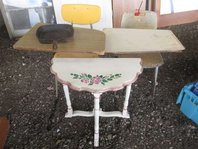 Old Square Cast Iron Skillet, 9 1/2" x 9 1/2", Excellent; Old Painted Three-Legged Side Table, 23" x 12", Good; (2) Old School Desks with Seats and Side Book Holder, One is Very Good, One Needs Some Work