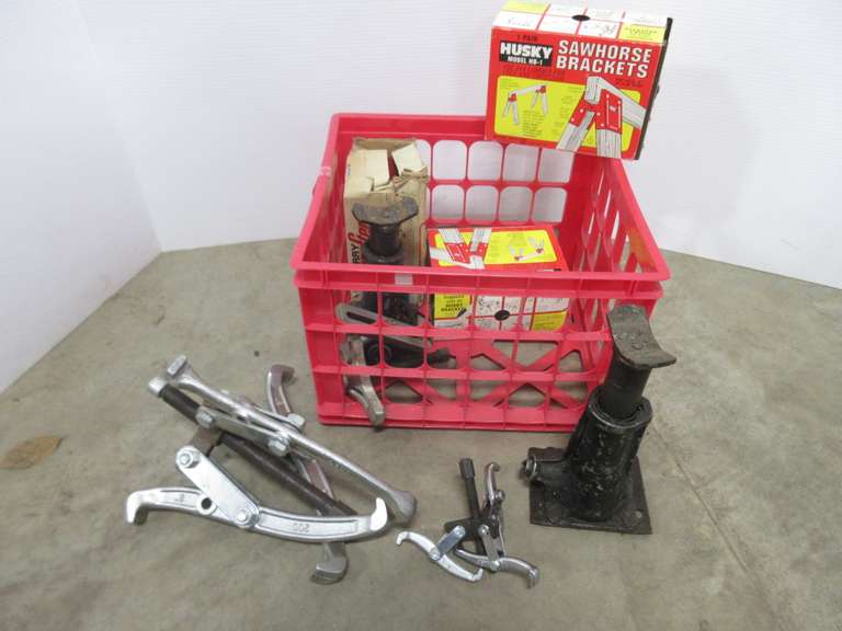 8" Gear Puller, Small Gear Puller, (2) Sets of Sawhorse Brackets, 1/2-Ton Hydraulic Jack, (2) Screw Jacks, and (2) Misc. Pullers