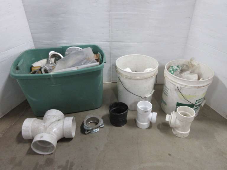 Bin and (2) Buckets Full of Misc. PVC Fittings from Job Leftovers