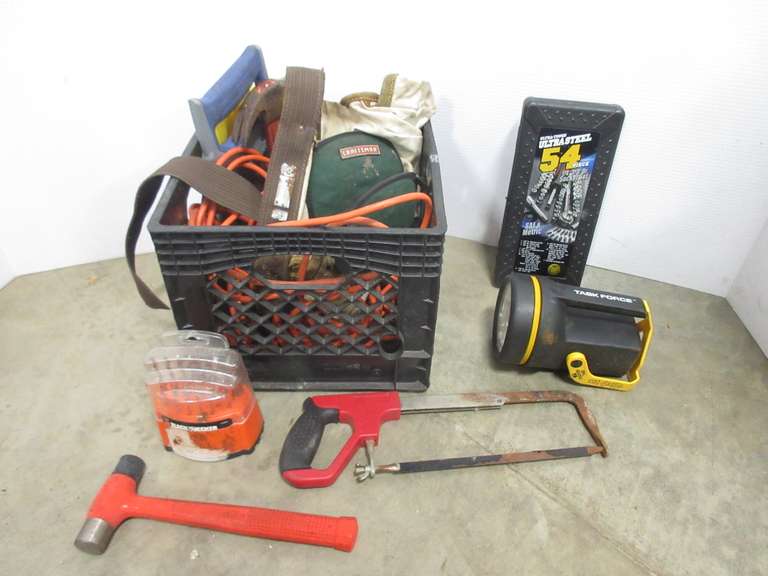 Milk Crate Full of Various Shop Items, Include: Extension Cord, Flashlight, Drill Set, Miter Box, Saw, and More