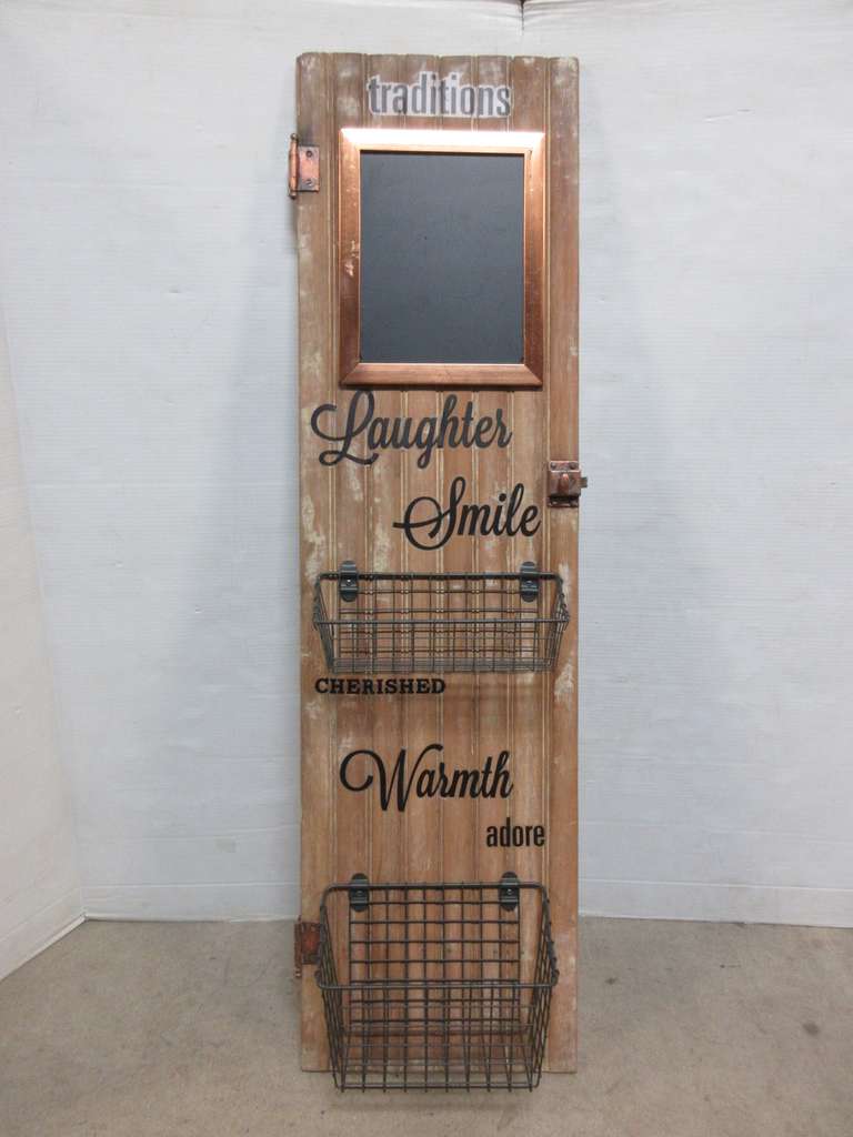 Produce Wall Hanging Repurposed Beadboard Cabinet Door from an 1860s Farm with Baskets for Produce, Original Hardware