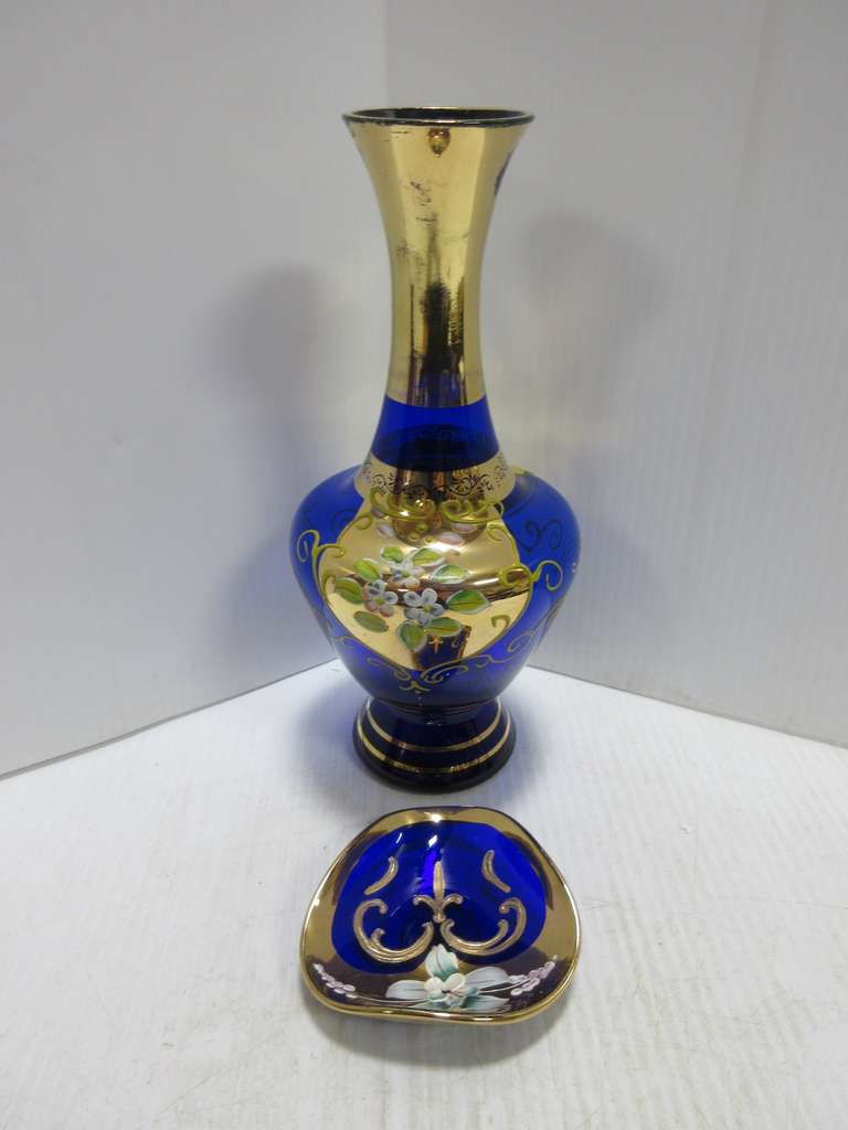 Old Hand/Mouth Blown Italian Art Glass Vase, Cobalt Blue, Hand Painted, Raised Flower Design; Murano Art Glass Trinket Dish, 24K Gold Trim, Hand Painted, Raised Design