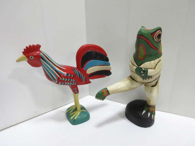 Colorful Hand Carved and Painted Caribbean Wooden Folk Art Rooster and Dancing Frog