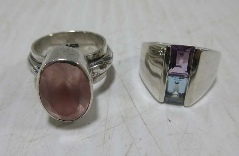 Sterling Silver Stamped and Rose Quartz Ring, Size 7; Sterling Silver Aquamarine and Amethyst Ring, Size 7