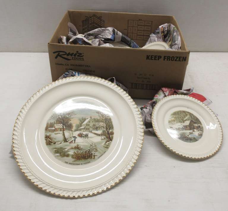 (9) Currier and Ives Collectibles Old Homestead in Winter Dessert Plates, Include: Cake Plate, 10"; 6- Dessert Plates, 6 1/2"; Serving Knife; Serving Plate