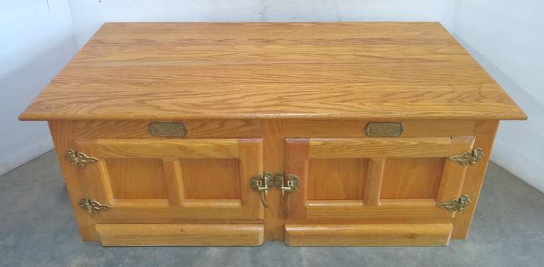 White Clad Coffee Table, Raises 9", Spring Loaded, Two Drawers with Latches on Bottom, All Hardware is Solid Brass