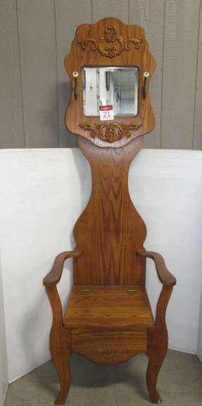 Solid Oak Hall Tree with Mirror and Porcelain Knob Hooks, Seat Raises for Storage, Ornate