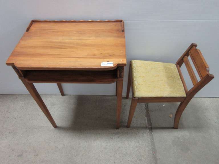 Older Childs Desk, Small Wooden Chair with Yellow Floral Cushion